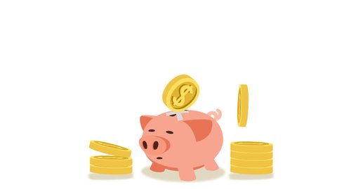 Cartoon animation falling dollar coins past the pink piggy bank. Alpha matte