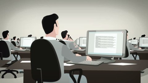 Cartoon Corporation Animated Scene. Many Employees Typing on Computers in Office