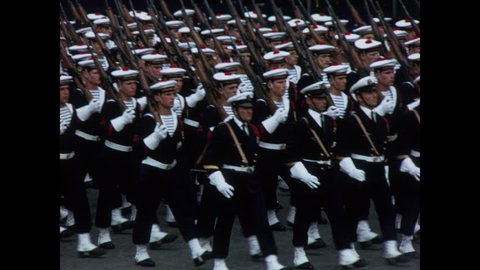 PARIS, 1970, Archival, French navy and paratroopers, marching in the Bastille Day Parade