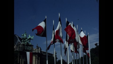 PARIS, 1970, Archival, Group of French Tricolour flags flying