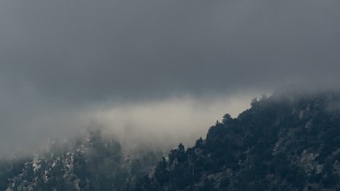 Time Lapse 4k Mountain Mist over snow pine trees- clouds and mist roll in. captured from a 6K source 4444 colorspace