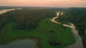 Drone - Sunset Midwestern River in the Forest - Missouri