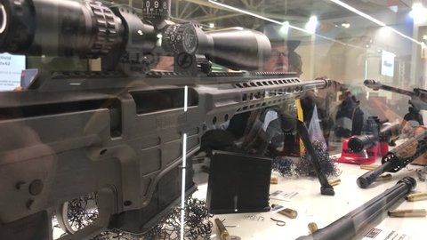 VICENZA - FEB 10, 2012: Guns show stands during Weapon and Security Expo HIT SHOW on Febbruary 10, 2018 in VIcenza, Italy