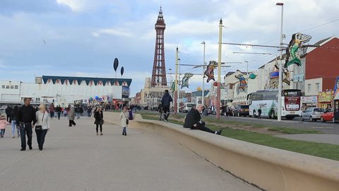 Blackpool Promenade by the Blackpool Tower view and street traffic - North West England, Lancashire, October 2016