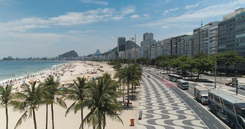 Flying above palm trees to reveal  Copacabana Beach in Rio de Janeiro, Brazil