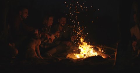 Picnic of young people sitting by the bonfire at the beach and warming up in the evening – Video có sẵn