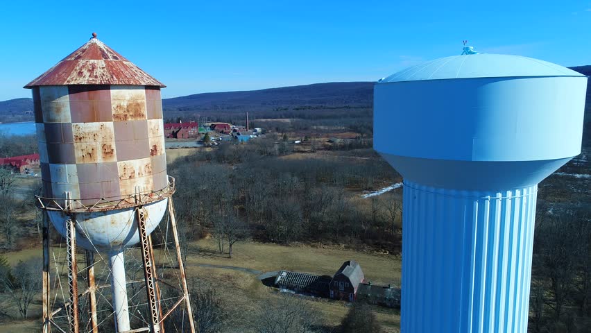 This is an aerial view of two water towers.  One is a modern blue water tower - and the other is an old, rusty checkerboard water tower.  The water towers are located in Warwick, New York. 