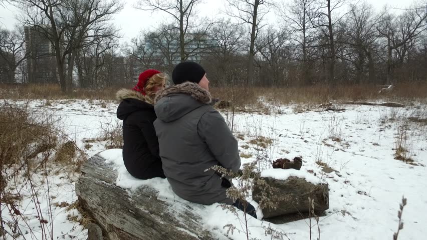 Shot from Behind Couple on Snowy Log