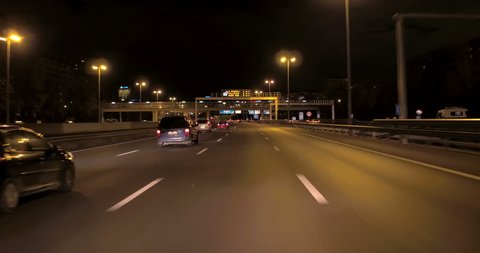 Subjective image of driving at night by the Madrid motorway, Spain. Filmed on February 18, 2018.