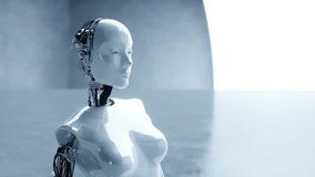 Futuristic humanoid female robot is idle. Concept of future. Realistic 4K animation. - Powered by Shutterstock - Get 15% off with code: PIKWIZARD15