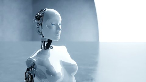 Futuristic humanoid female robot is idle. Concept of future. Realistic 4K animation.