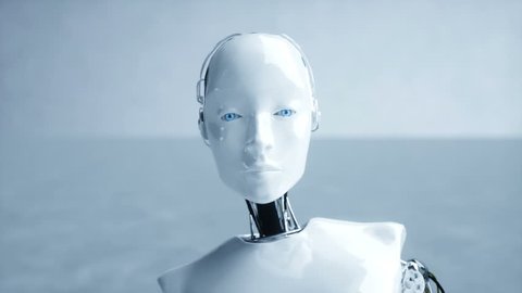 Futuristic humanoid female robot is idle. Concept of future. Realistic 4K animation.