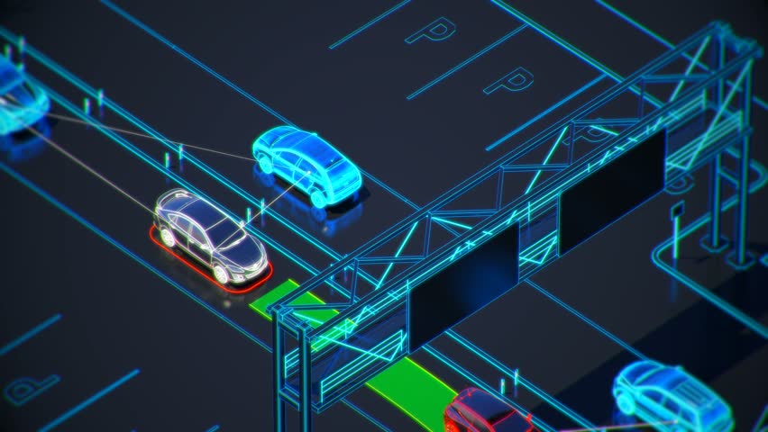 Autonome transportation system concept, smart city, Internet of things, vehicle to vehicle, vehicle to infrastructure, vehicle to pedestrian, abstract image visual 4k 3d animation