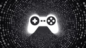 White game controller icon form white binary tunnel on black background. Seamless loop. 