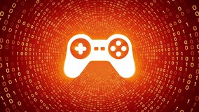 White game controller icon form yellow binary tunnel on orange background. Seamless loop. 