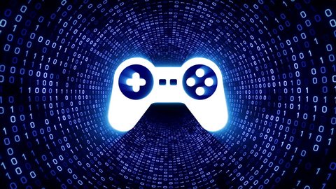 White game controller icon form blue binary tunnel on black background. Seamless loop. 