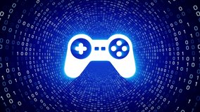 White game controller icon form white binary tunnel on blue background. Seamless loop. 
