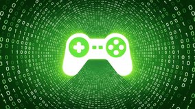 White game controller icon form white binary tunnel on green background. Seamless loop. 