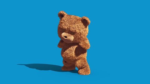 Teddy Bear Real Fur Attack Combat Blue Screen Front 3D Renderings Animations