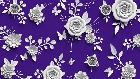 3d rendering, animation of growing flowers, floral background, blooming paper flowers, botanical pattern, paper craft, violet, 4k hd