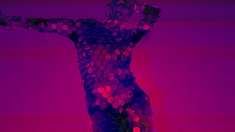 a dancer performs wearing an incredible disco mirror suit that sparkles in the light. this version has overlayed motion graphics effects