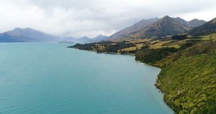 New Zealand aerial drone video nature landscape on South Island, lake Wakatipu between Queenstown and Glenorchy, New Zealand