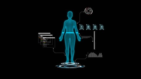 4K 3D Animation of user interface HUD with woman body analysis and dna moving on dark background for cyber futuristic concept with grain processed