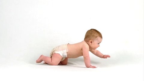 Cute Baby crawling across white background