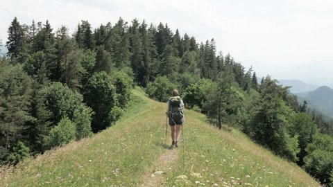 Young girl walks in the mountain with bakpack - Georgia national park