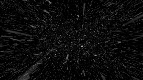 Blustery snowfall moving quickly away from the camera. Can be used to show backwards motion through a snow blizzard. A loop-ready, black and white clip of heavy snow.
