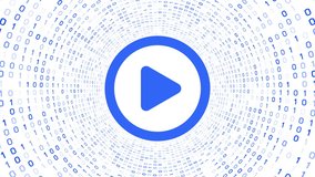Blue video play button form blue binary tunnel on white background. Seamless loop.