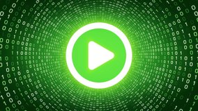 White video play button form white binary tunnel on green background. Seamless loop.