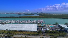 Aerial lateral flight Miami boat show Key Biscayne 4k