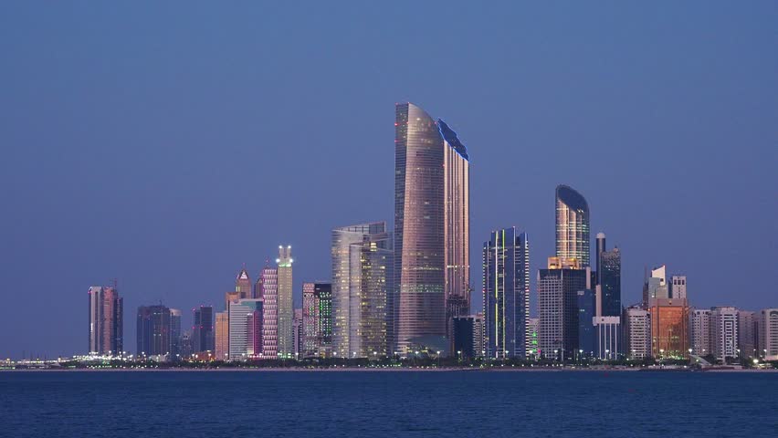 Skyline of the city center at twilight, Abu Dhabi, United Arab Emirates