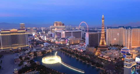 Las Vegas, USA - January 02, 2018: Illuminated view Bellagio Hotel fountains and Las Vegas strip