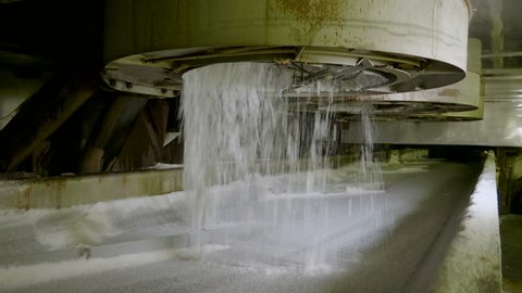 Crystal sugar moving along the conveyor belt at a sugar refinery. 4K