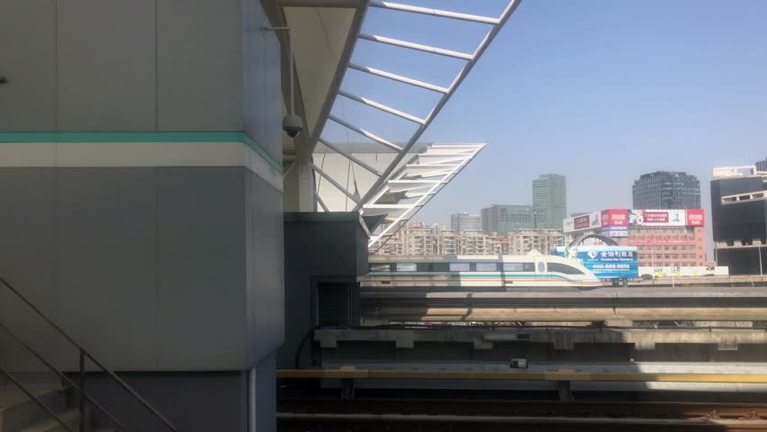 February 12, 2018, in Shanghai, China, is moving in the maglev train,4k