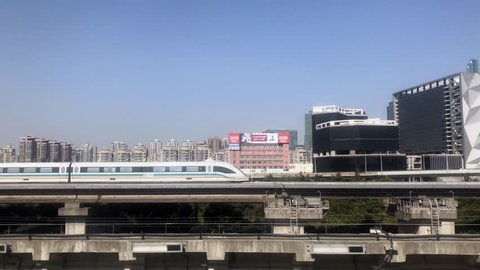February 12, 2018, in Shanghai, China, is moving in the maglev train,4k
