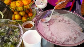 Buffet, Sweety Banana Pastry with Coconut Soup at Laos Wedding Ceremony, Asia Food 4k Video Clip Footage