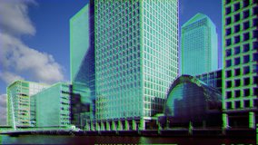 the financial skyscrapers of london docklands, canary wharf with video distortion only affecting the buildings