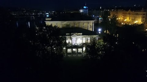 Night city of Prague, Zofin Palace, streets of Prague, PALÁC ŽOFÍN, panoramic view from above, aerial