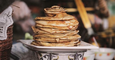 Dishes Of The Traditional Belarusian Cuisine - Pancakes. Attribute Of Traditional Folk Celebration Of Eastern Slavic National Traditional Holiday Maslenitsa. Winter Spring Holiday
