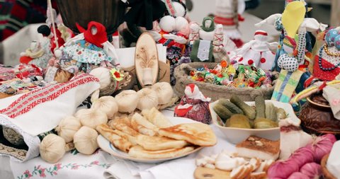 Traditional Belarusian Cuisine - Pancakes. Attribute Of Traditional Folk Celebration Of Eastern Slavic National Traditional Holiday Maslenitsa. Winter Spring Holiday. Belarusian Folk Dolls.