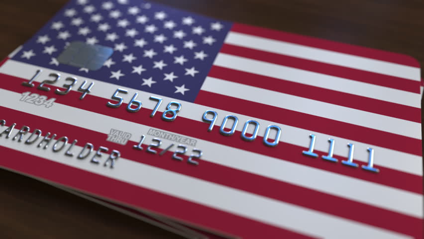 Plastic bank card featuring flag of the United States. National banking system related animation