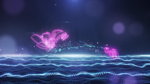 Abstract glamorous blue-pink field with flying butterfly