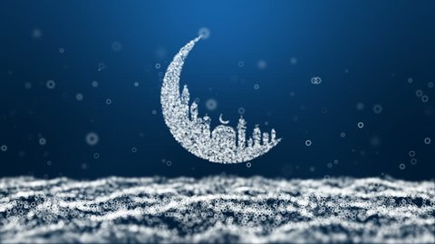 Animation, motion abstract background, Moon Mosque Sighting Announcement Ramadan kareem Mubarak and eight star particle blue Background.
