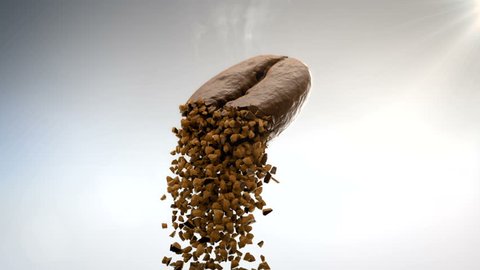 Closeup 3D CGI footage of hot roasted coffee bean flying in air and crumbling in pieces of instant coffee dust