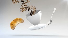 3D CGI video of flying croissant, spoon, plate and coffe cup. Cup being filled with roasted coffee beans flowing in spiral