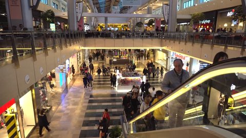 MADRID, SPAIN 10 FEBRUARY 2018: Crowd Of Walking People In Shopping Mall Center.Shopping custumers at the mall center