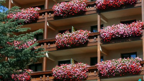 Beautiful building in spring.
Balconies with planters full of flowers, in the town of "La Massana" (Andorra), with camera movement:Panning left.